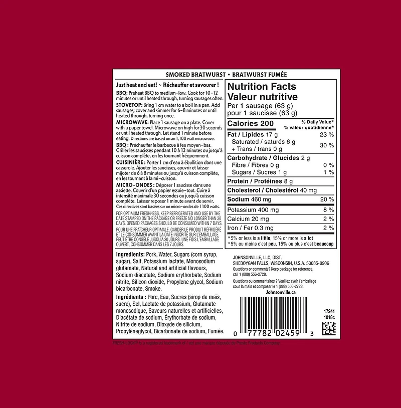 Saucisse bratwurst fumée sans gluten de Johnsonville 375g