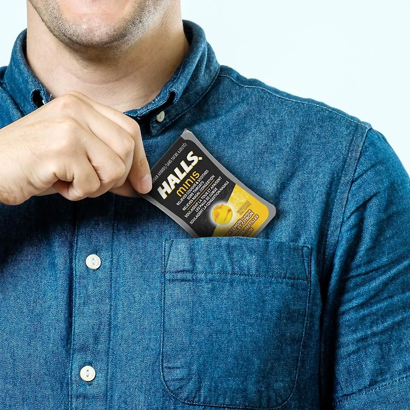 HALLS Minis No Sugar Added Honey Lemon Flavour Cough Drops, Mentho-Lyptus, 24 Lozenges