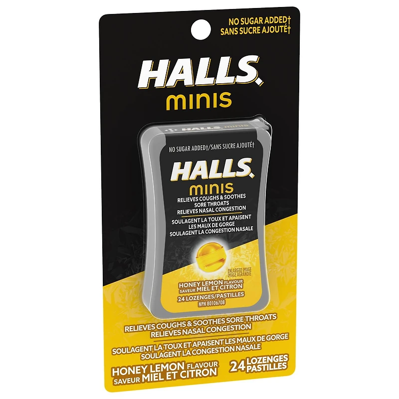 HALLS Minis No Sugar Added Honey Lemon Flavour Cough Drops, Mentho-Lyptus, 24 Lozenges