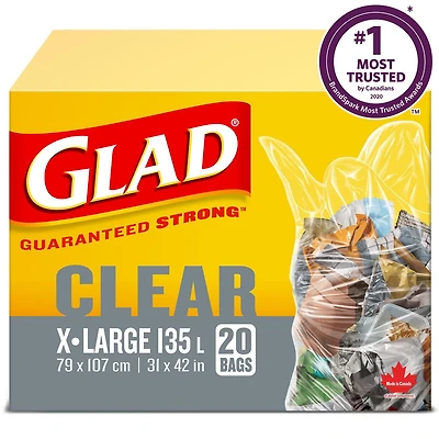 Sacs à ordures transparents de Glad, boîte de 20 très grands sacs à ordures de 135 L