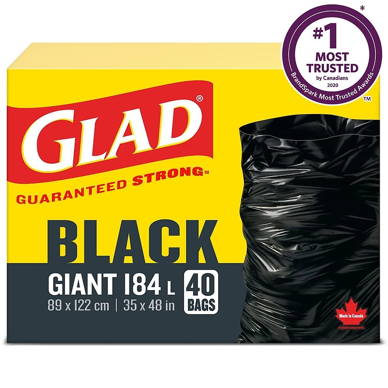 Sacs à ordures noirs de Glad, boîte de 40 sacs à ordures géants de 184 L