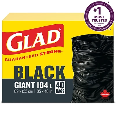 Sacs à ordures noirs de Glad, boîte de 40 sacs à ordures géants de 184 L