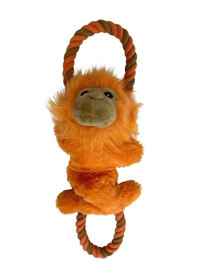 Multipet Plush Tug Dog Toy, Squeaks and Crinkles, Orange Tamarin, Pull toy for dog with crinkle