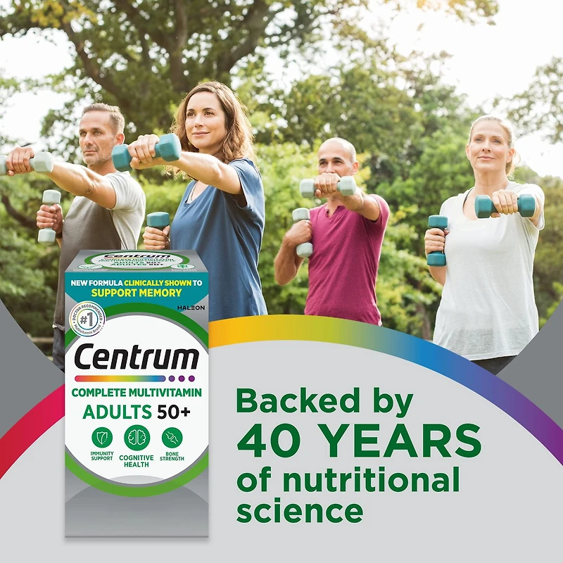 Centrum Adultes 50+, Formule complète, supplément de multivitamines et minéraux éprouvé en clinique pour soutenir la mémoire et la santé cognitive, 250 comprimés