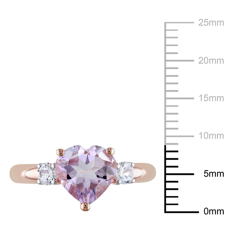 Bague Tangelo en forme de cœur avec 2 carat de Rose de France et saphir blanc synthétique en argent massif plaqué rhodium rose