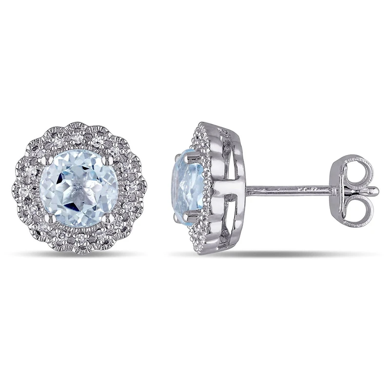 Boucles d'oreille auréoles Tangelo avec topaze bleue 2 CT PBT et accents de diamants en argent sterling