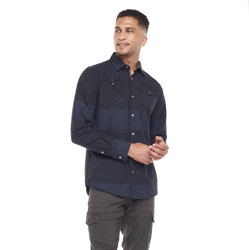 Chemise Dark Black rayée avec poches et à manches longues pour homme