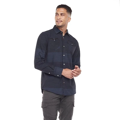 Dark Black Men's Long-Sleeve Multi-Striped Button-Down Shirt with Pockets