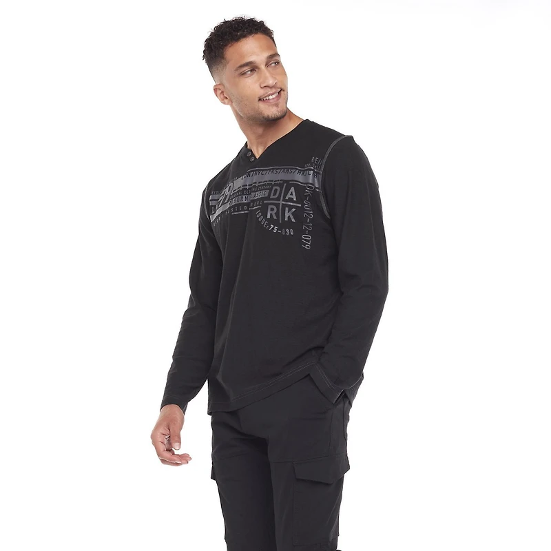 Dark Black Henley graphique à manches longues pour hommes