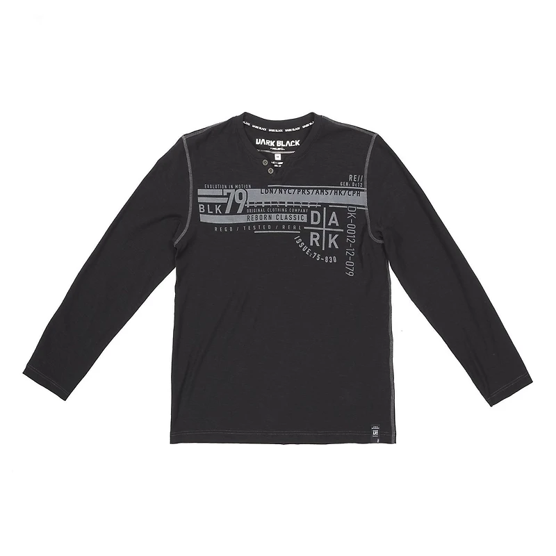 Dark Black Henley graphique à manches longues pour hommes
