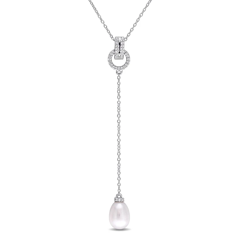 Collier Miabella avec perle cultivée d'eau douce 8-8,5mm et topazes blanches en argent sterling, 18 po