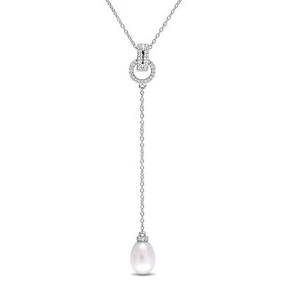 Collier Miabella avec perle cultivée d'eau douce 8-8,5mm et topazes blanches en argent sterling, 18 po