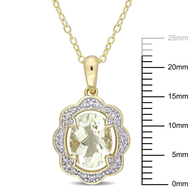 Tangelo 1-5/8 Carat T.G.W. Green Amethyst And 1/10 Carat T.W. Diamond Yellow Rhodium-Plated Sterling Silver HALO Pendant, 18”