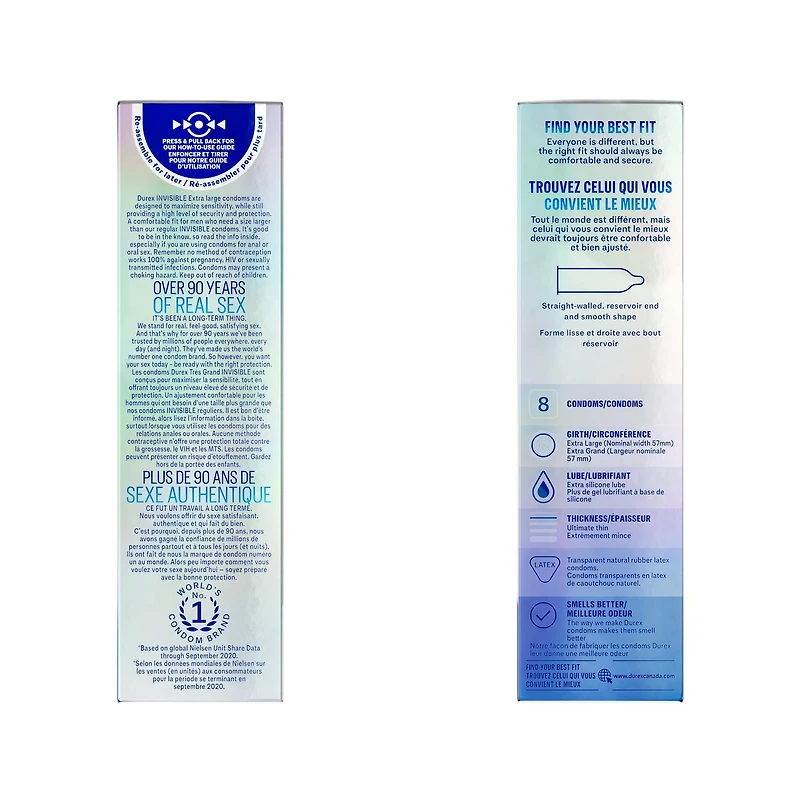 Condoms DurexMD Invisible XL Extrêmement minces | Extra lubrifiés | 8 condoms