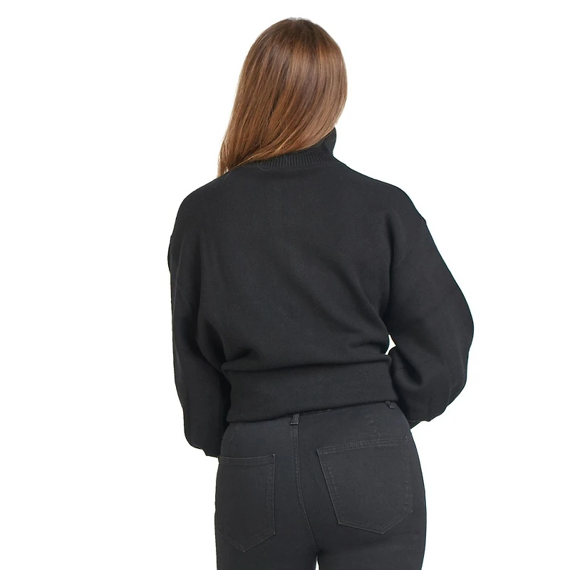 Robe Tunique en pull de tricot a col demi zip a manche longue bouffante.