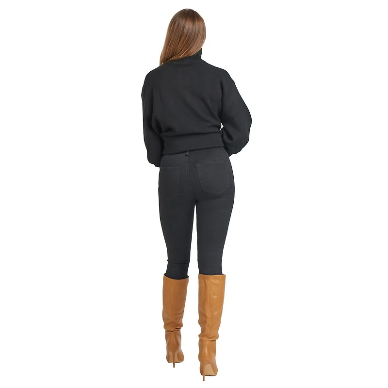 Robe Tunique en pull de tricot a col demi zip a manche longue bouffante.