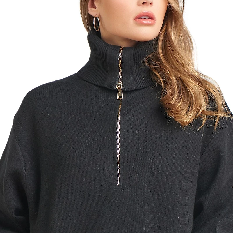 Robe Tunique en pull de tricot a col demi zip a manche longue bouffante.