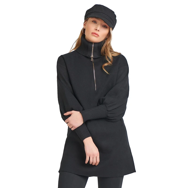 Robe Tunique en pull de tricot a col demi zip a manche longue bouffante.