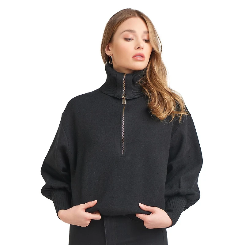 Robe Tunique en pull de tricot a col demi zip a manche longue bouffante.