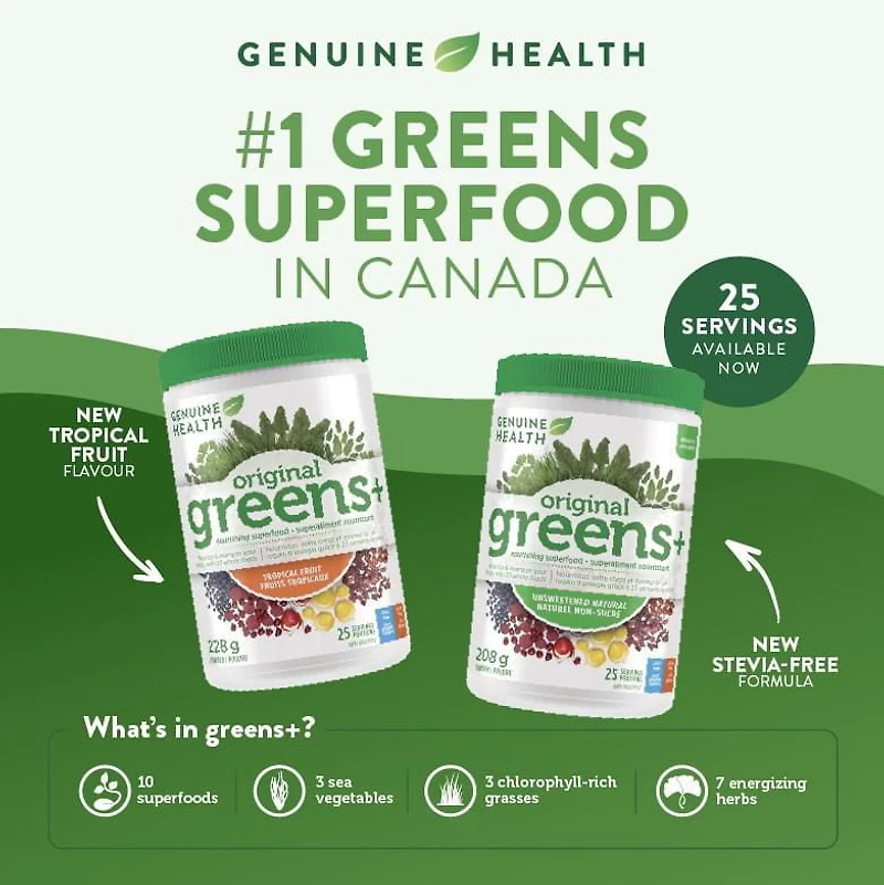 Genuine Health Greens+ Original Superfood Greens Powder fruits tropicaux 25 portions, 228gr