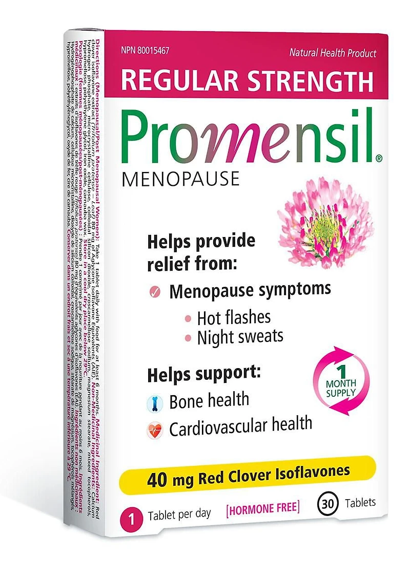 PromensilMD Comprimé soulagement des symptomes de la ménopause, 40 mg, paq. de 30 30 comprimés. Pour bouffées de chaleur, santé des os et du coeur.