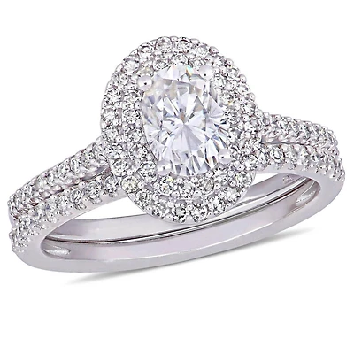 Ensemble de mariage de forme auréole ovale Miabella avec moissanite 1 CT PBT et diamants 2/5 CT poids total en or blanc 14K
