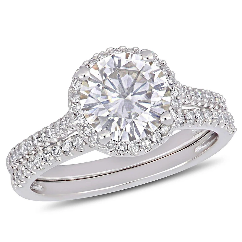 Ensemble de mariage de forme auréole Miabella avec moissanite 2 CT PBT et diamants 1/3 CT poids total en or blanc 14K