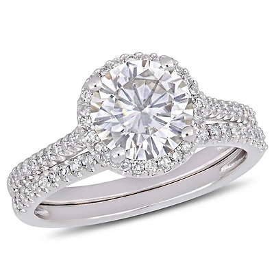 Ensemble de mariage de forme auréole Miabella avec moissanite 2 CT PBT et diamants 1/3 CT poids total en or blanc 14K