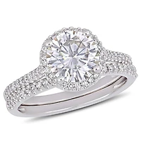 Ensemble de mariage de forme auréole Miabella avec moissanite 2 CT PBT et diamants 1/3 CT poids total en or blanc 14K