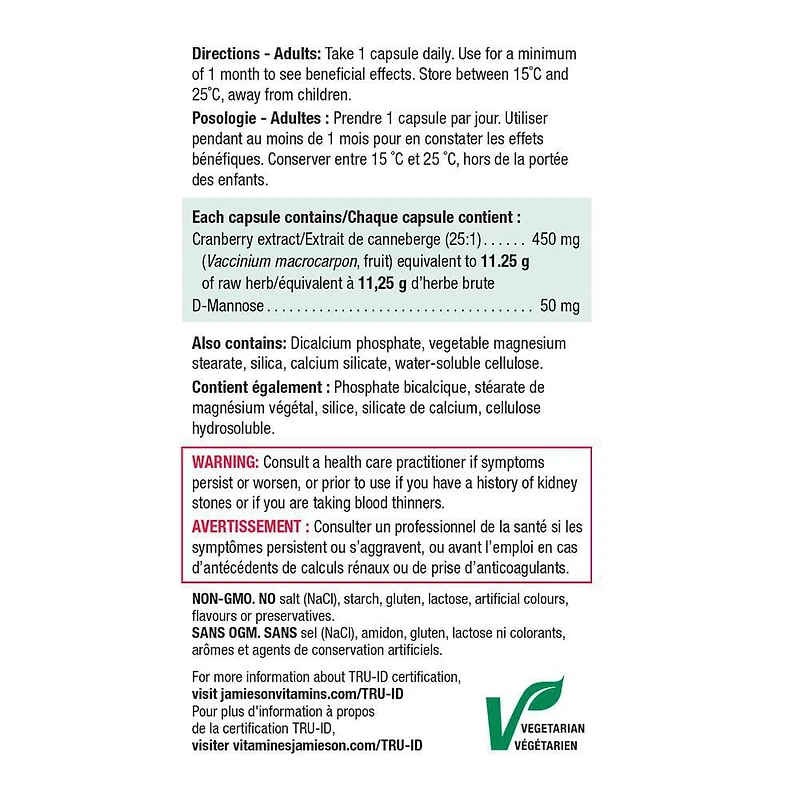 Jamieson capsules complex de canneberge avec D-mannose, 450 mg, végétarienne, 100 capsules