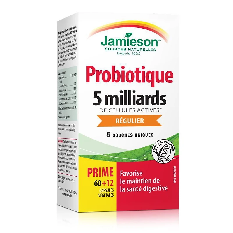 Jamieson capsules probiotiques, 5 milliards UFC, végétarien, 72 capsules