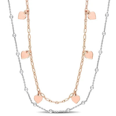 Miabella 18k Rose Gold Plated Sterling Silver Ball Heart Charm Double Strand Necklace