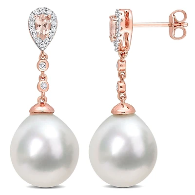 Boucles d'oreilles à aureole goutte de Miabella avec Perle de culture Mers du Sud Morganite, Topaze Blanche et 1/7 Carat P.T. de diamants en argent sterling plaqué en or rose