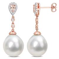 Boucles d'oreilles à aureole goutte de Miabella avec Perle de culture Mers du Sud Morganite, Topaze Blanche et 1/7 Carat P.T. de diamants en argent sterling plaqué en or rose