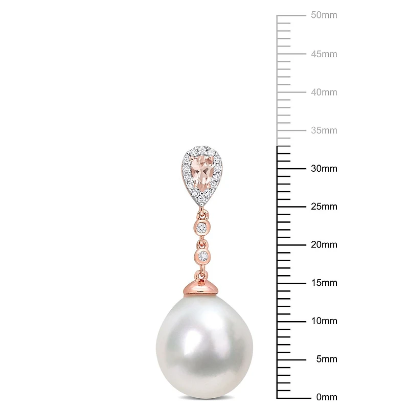 Miabella South Sea Cultured Pearl Morganite and White Topaz 1/7 Carat T.W. Diamond Rose Gold Flash Plated Sterling Silver Halo Drop Earrings