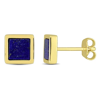 Miabella Men's 1 Carat T.G.W. Lapis Yellow Gold Flash Plated Sterling Silver Square Stud Earrings