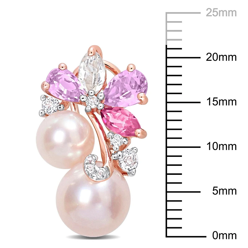Miabella Pink Freshwater Cultured Pearl 2-1/2 Carat T.G.W. Rose Quartz & White Topaz 18k Rose Gold Plated Sterling Silver Cluster Earrings