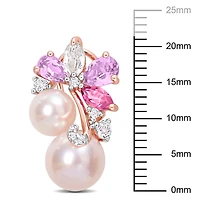 Miabella Pink Freshwater Cultured Pearl 2-1/2 Carat T.G.W. Rose Quartz & White Topaz 18k Rose Gold Plated Sterling Silver Cluster Earrings