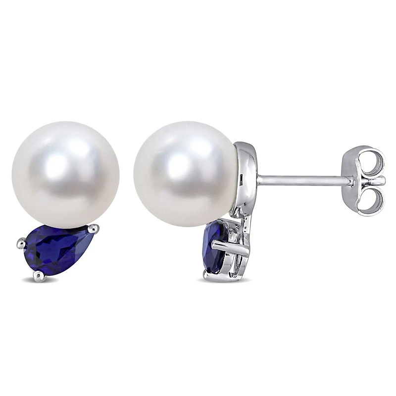 Miabella South Sea Cultured Pearl and 1-1/3 Carat T.G.W. Created Blue Sapphire Sterling Silver Stud Earrings