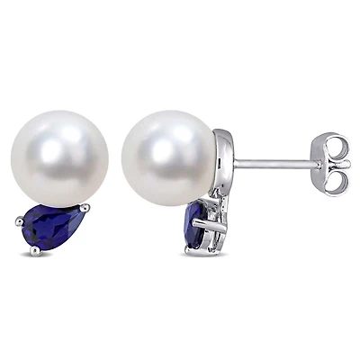 Miabella South Sea Cultured Pearl and 1-1/3 Carat T.G.W. Created Blue Sapphire Sterling Silver Stud Earrings
