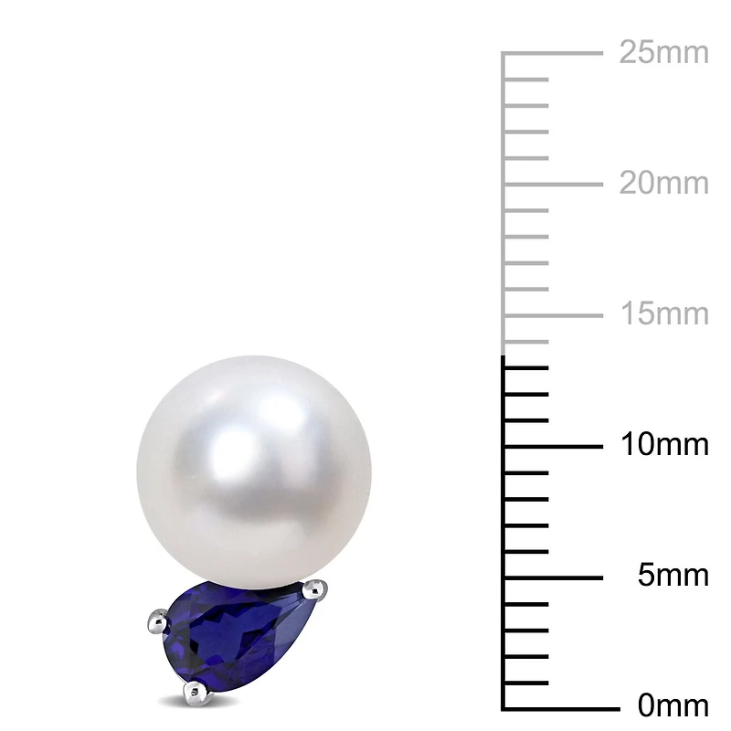 Miabella South Sea Cultured Pearl and 1-1/3 Carat T.G.W. Created Blue Sapphire Sterling Silver Stud Earrings