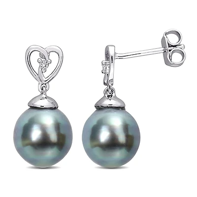 Miabella Tahitian Cultured Pearl and White Topaz Sterling Silver Heart Drop Earrings