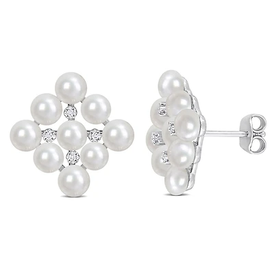 Miabella Freshwater Cultured Pearl and Diamond Accent Sterling Silver Stud Earrings