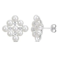 Miabella Freshwater Cultured Pearl and Diamond Accent Sterling Silver Stud Earrings