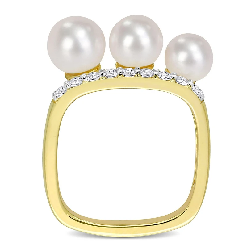 Miabella Cultured Freshwater Pearl and 3/8 Carat T.G.W. White Topaz Yellow Gold Flash Plated Sterling Silver 3-Stone Ring