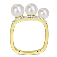 Miabella Cultured Freshwater Pearl and 3/8 Carat T.G.W. White Topaz Yellow Gold Flash Plated Sterling Silver 3-Stone Ring