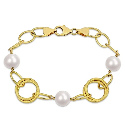Miabella Cultured Freshwater Pearl Yellow Gold Flash Plated Sterling Silver Oval Link Fancy Chain Bracelet