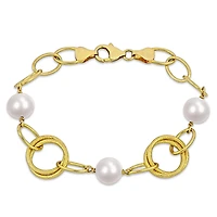 Miabella Cultured Freshwater Pearl Yellow Gold Flash Plated Sterling Silver Oval Link Fancy Chain Bracelet