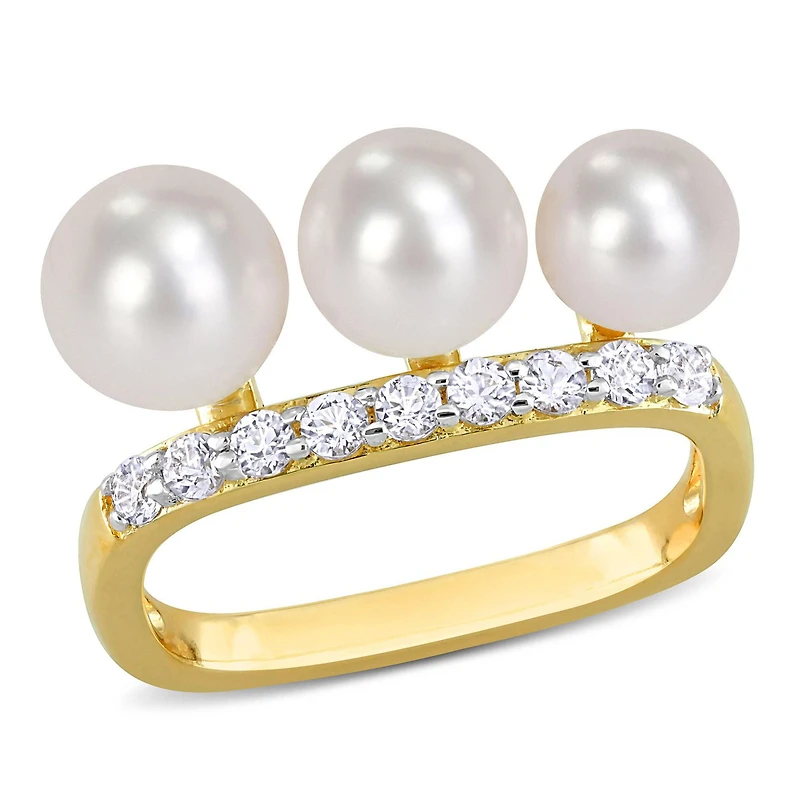 Miabella Cultured Freshwater Pearl and 3/8 Carat T.G.W. White Topaz Yellow Gold Flash Plated Sterling Silver 3-Stone Ring