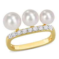 Miabella Cultured Freshwater Pearl and 3/8 Carat T.G.W. White Topaz Yellow Gold Flash Plated Sterling Silver 3-Stone Ring